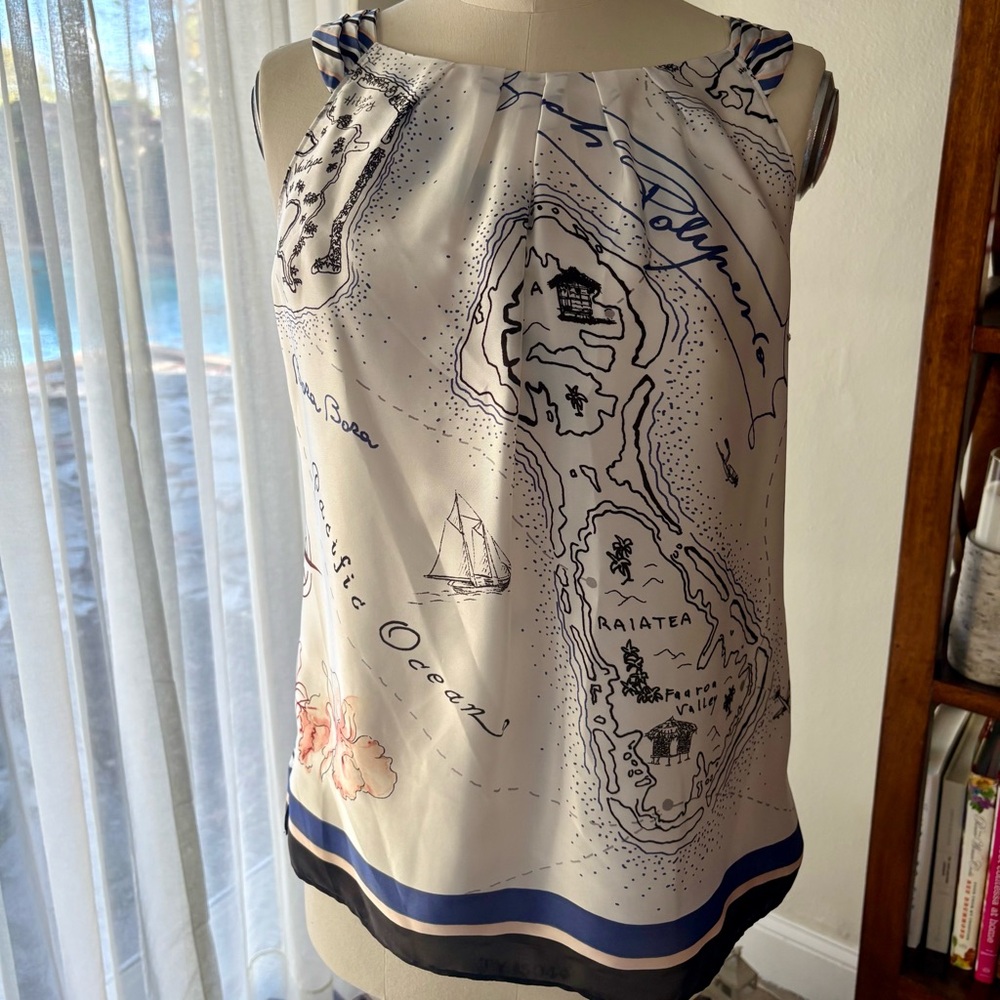 White House Black Market Polynesia Map Striped Sleeveless Top with Striped back